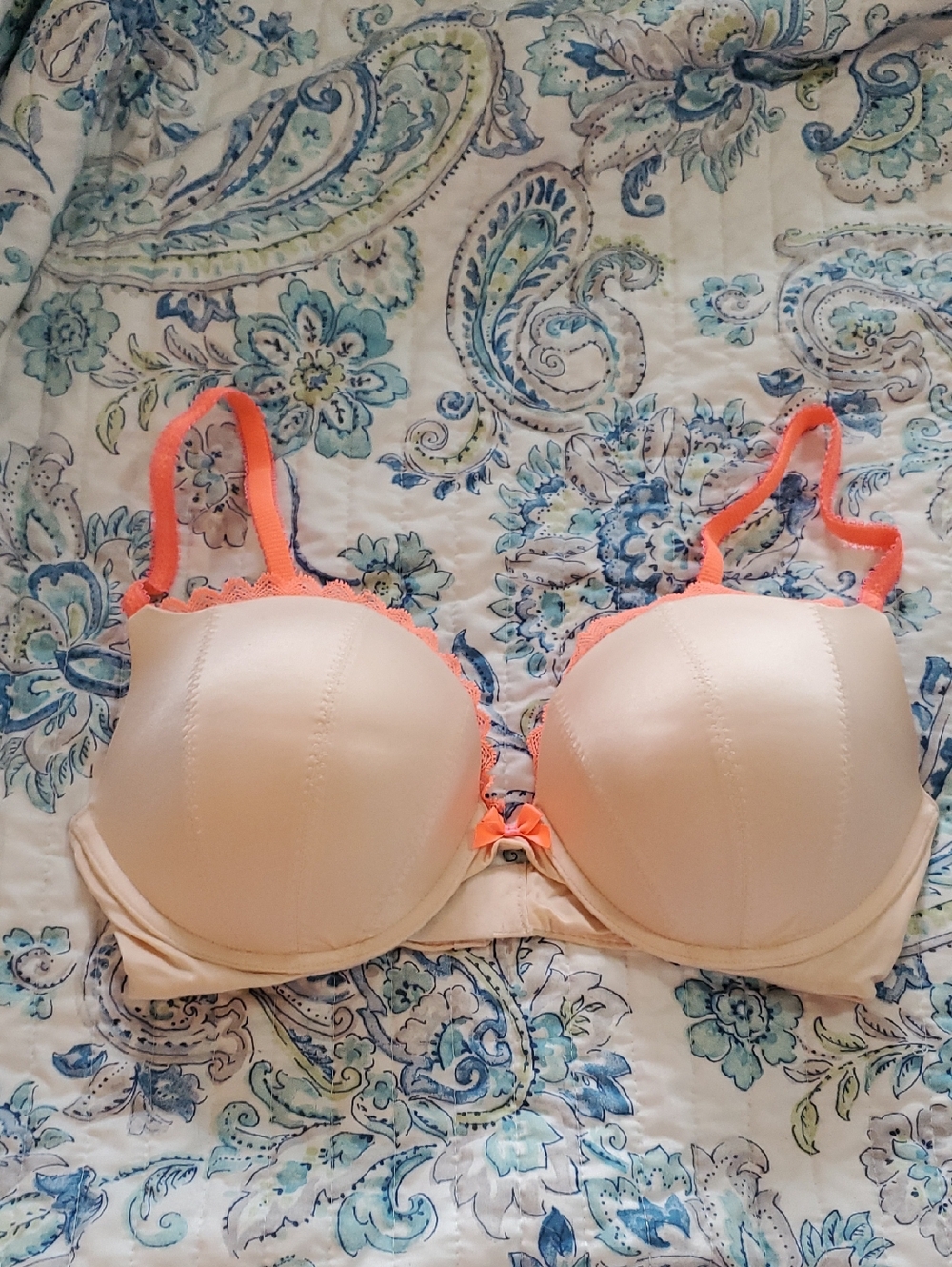 Victoria's Secret Padded Underwire Bra in Peach with Hot Coral Trim